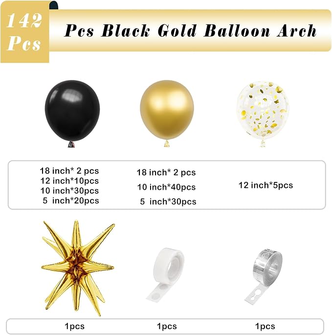Black and Gold Balloon Garland Arch Kit 142pcs, Mixed Size Metallic Latex - Image 3