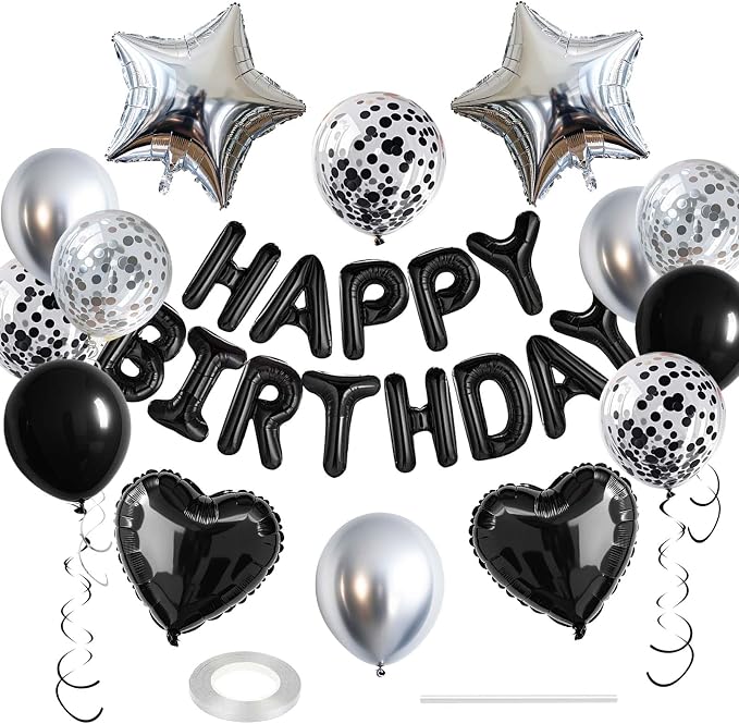 27 Pcs Black Silver Birthday Decorations, 3D Letters Black Happy Birthday by WEIKA