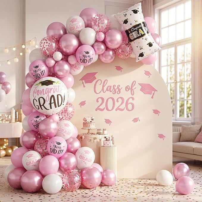 Pink Graduation Balloons, Grad Round Foil Balloons, Metallic Confetti Pink - Image 6
