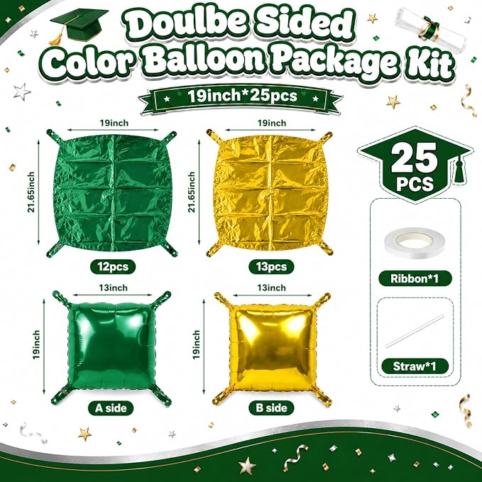 Metallic Dark Green and Gold Double Sided Square Foil Balloons Wall, 19 Inches - Image 2