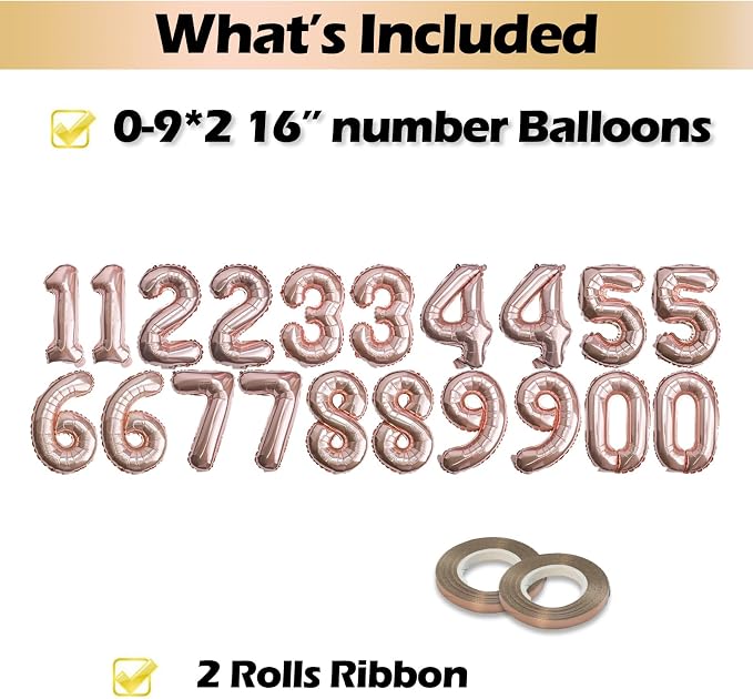 20 Pcs Rose Gold 16" Number Balloons 2 Sets 0-9 Foil Balloon Numbers Décor | - Image 3