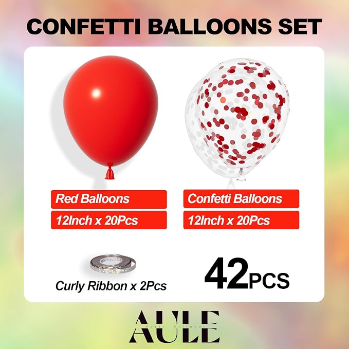 AULE 42Pcs Latex 12 Inch Red Confetti Balloons Set | Red Party Balloons - Image 3