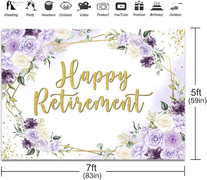 Happy Retirement Backdrop 7x5ft Purple and White Flowers Retirement Party - Image 3