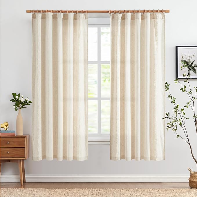 jinchan Floral Linen Curtains Embroidered Back Tab 50x72in 2 Panels Ivory | - Image 3