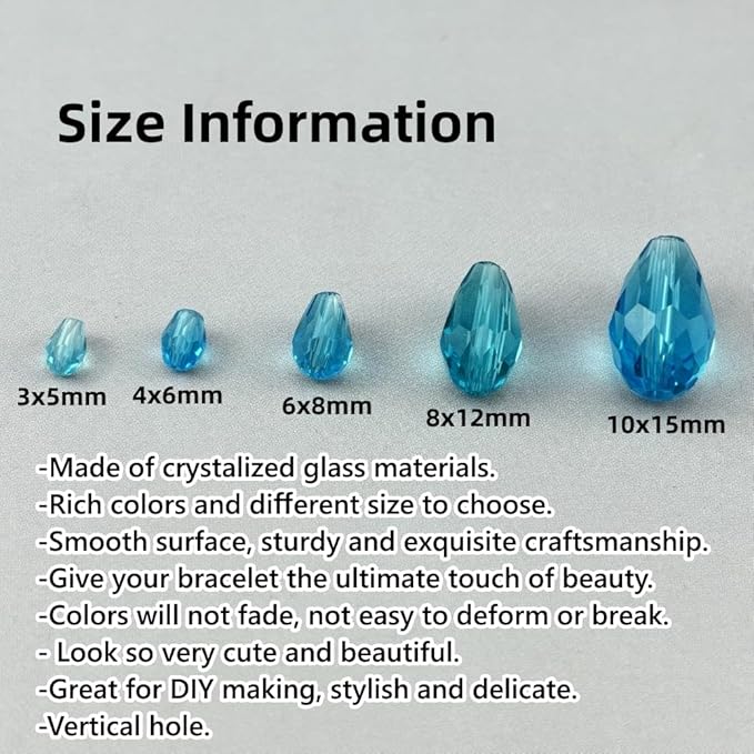 100pcs 8x12mm Teardrop Crystal Glass Beads for Jewelry Making, Faceted Vertical Hole Teardrop Glass Spacer Beads for Wind Chimes Bracelet Earring Necklace DIY Craft(Lake Blue)