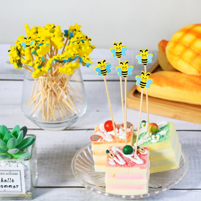 100Pcs Bee Cocktail Picks Cute Honeybee Theme Baby Shower Springtime Decor Long - Image 5