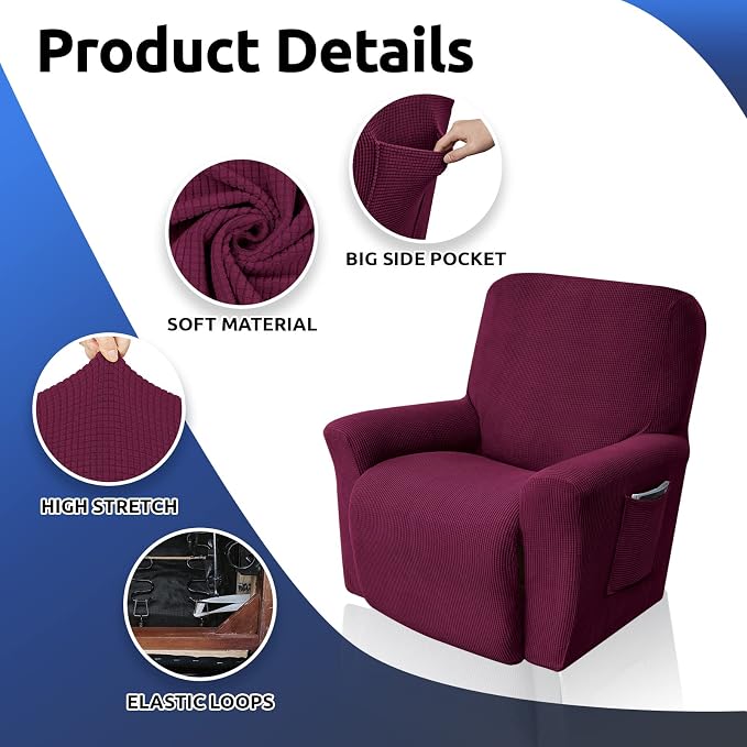 Recliner Chair Covers, 1-Piece Lazy Boy Recliner Covers, Wine | Washable - Image 7