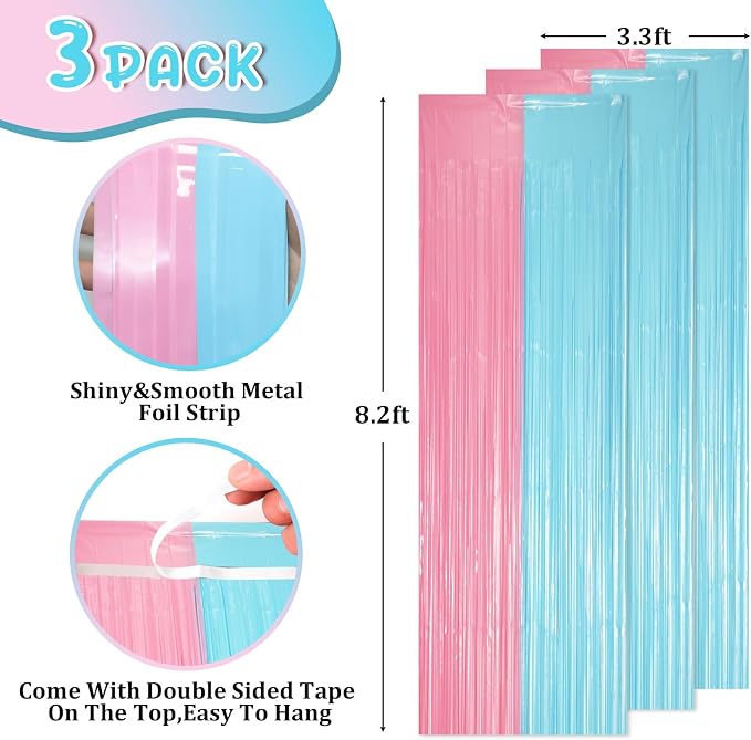 Voircoloria Pastel Blue Pink Foil Fringe Backdrop Curtains, 3 Pack - Image 2