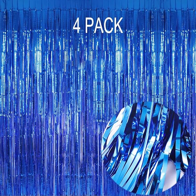Blue Foil Fringe Curtain- 4 Pack of 3.2x8.2ft Blue Streamers Backdrop Curtains by EUFARS
