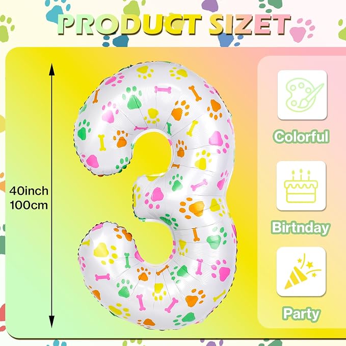 40 Inch Multi-color Dog Paw Balloons, Numeral 3 Birthday Balloons - Image 2