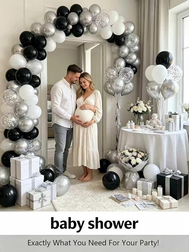 Black and Silver Balloons 12 Inch 60 Pcs Metallic Silver Pearl Silver Black - Image 9