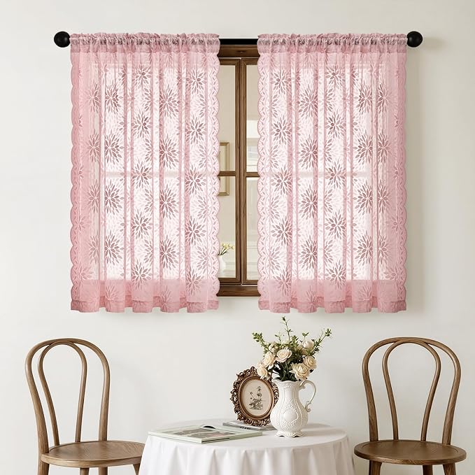 MIULEE Vintage Floral Scalloped Lace Curtains, Light Pink 52" W x 54" L | 2 - Image 7