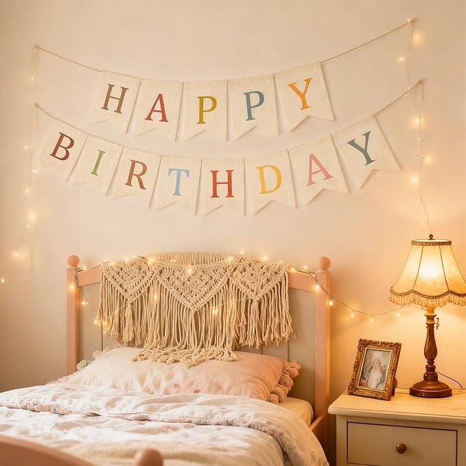 Happy Birthday Burlap Banner Boho Theme Garland White Bunting Bohemian Hanging - Image 7