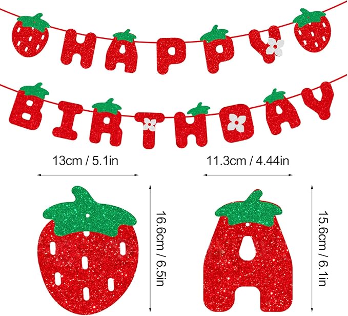 MEETINGU Strawberry Happy Birthday Banner, Glitter Strawberry Birthday Party - Image 2