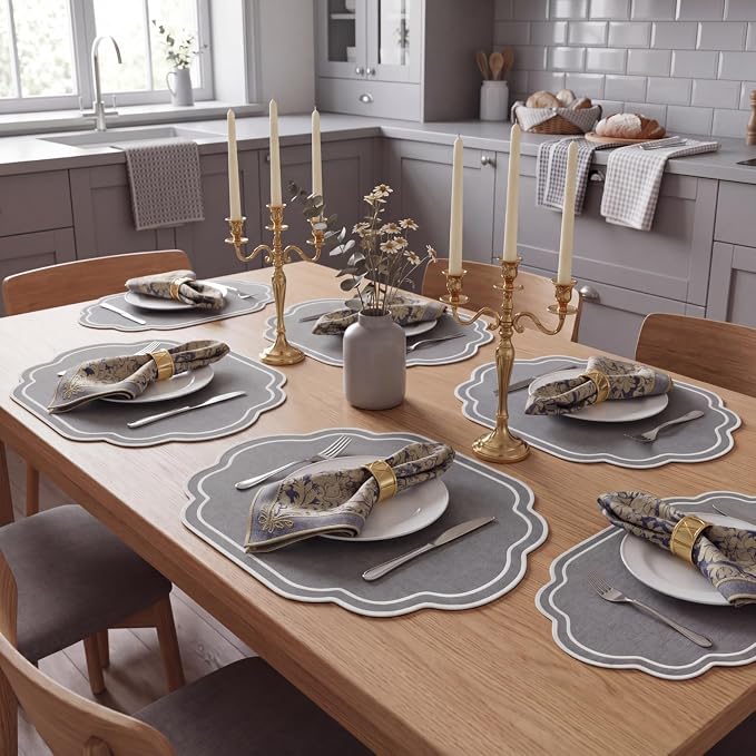 6 Pcs Gray Wedding Placemats Scalloped Embroidered Cotton Linen Placemats 17" x - Image 4