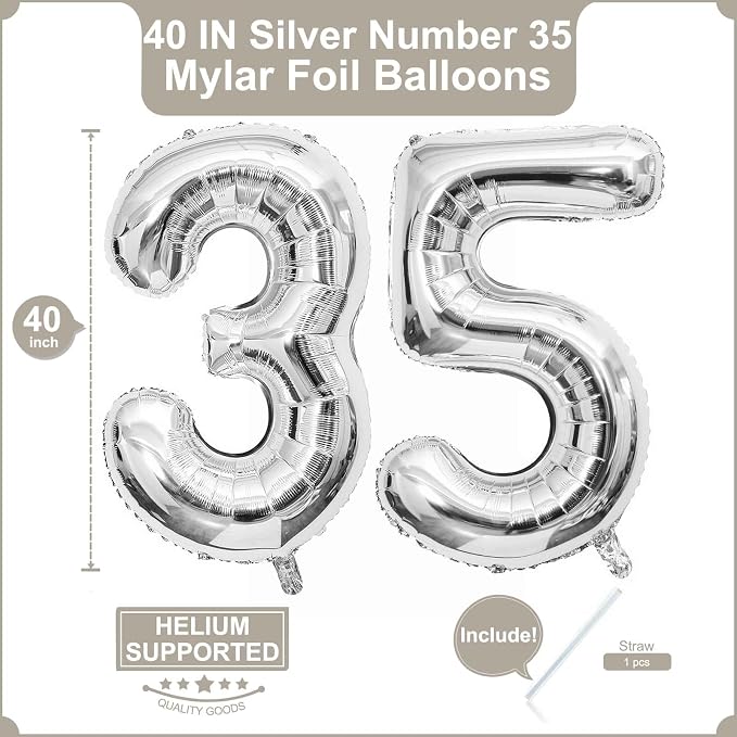 40 Inch Silver 35 Balloons Giant Number 35 Balloons Silver 35 Birthday Balloons - Image 2