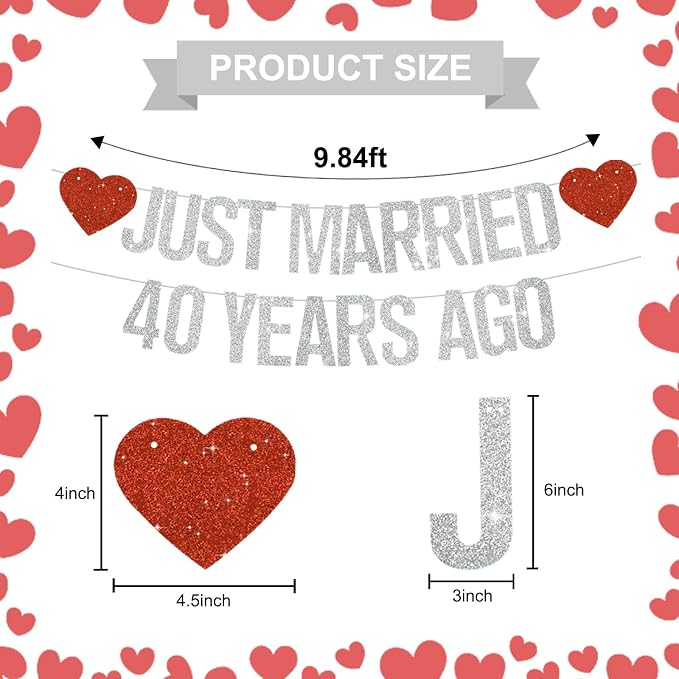 Silver Glitter Just Married 40 Years Ago Banner, NO DIY, Pre-Strung 40th - Image 3