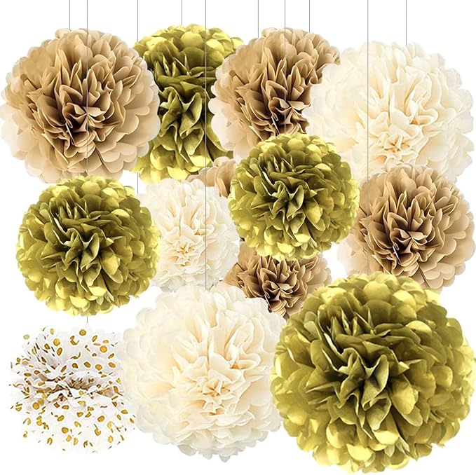 BRZIKWT 12 Pcs White Gold Tissue Paper Pom Poms by Unknown