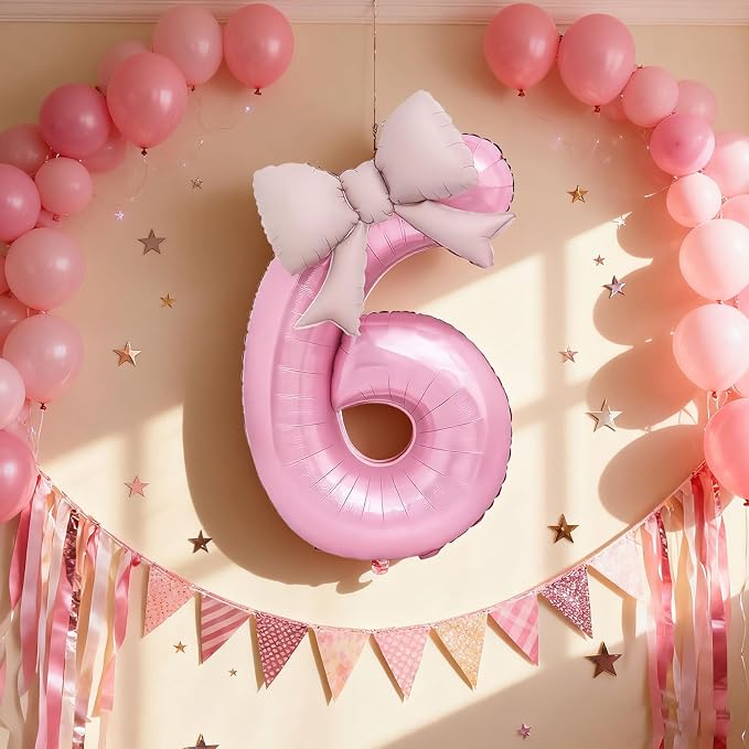 Bow Pink 6 Balloons, 40 Inch Giant Pink Bow Helium Foil Number 6 - Image 4
