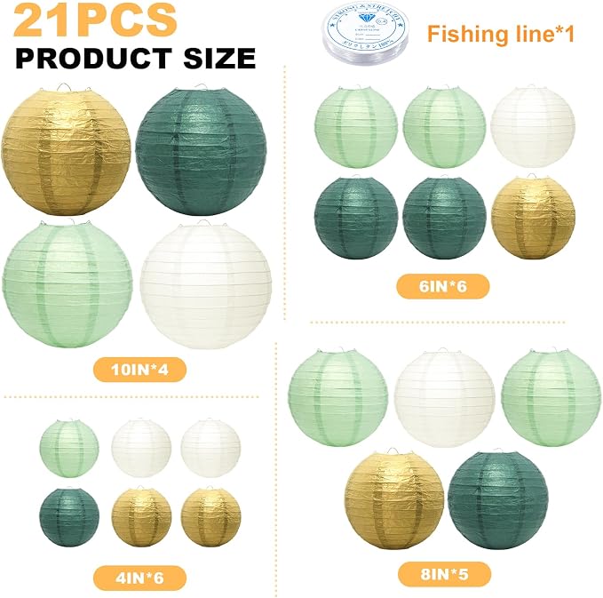 21Pcs Sage Green Gold Lanterns, 4-10in Hanging Decor, Wedding Baby Shower | - Image 2