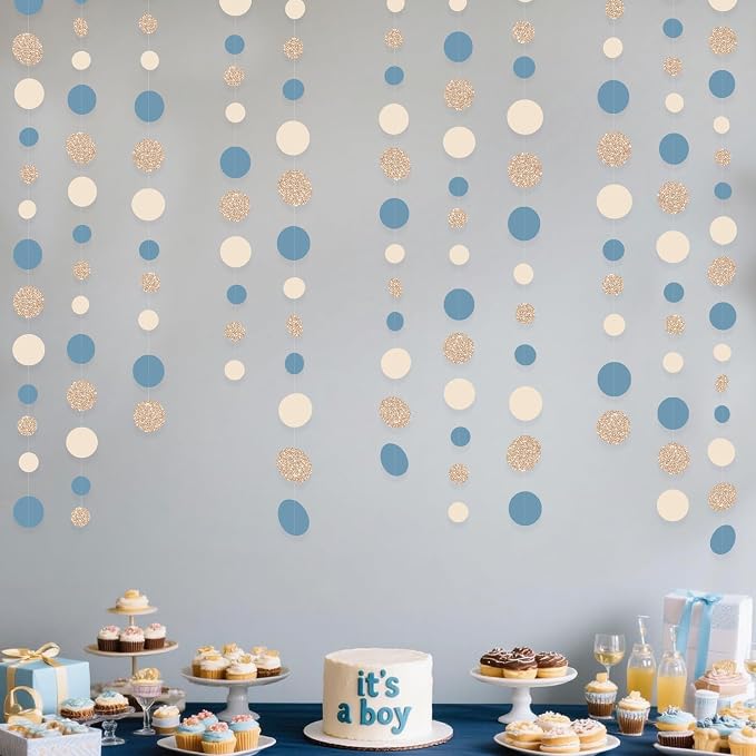 Champagne Gold Dusty Blue Beige Circle Dot Garland Hanging Paper Polka Dot - Image 6
