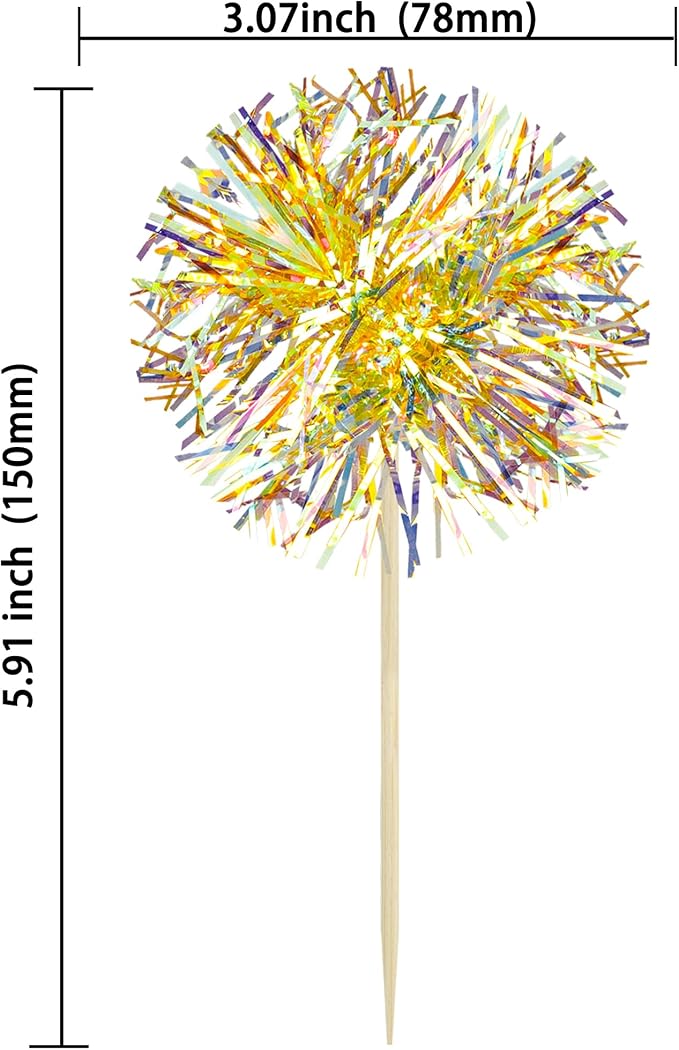 Gyufise 30Pcs Foil Firework Cupcake Toppers Sparkle Tinsel Cake Toppers Tinsel - Image 2
