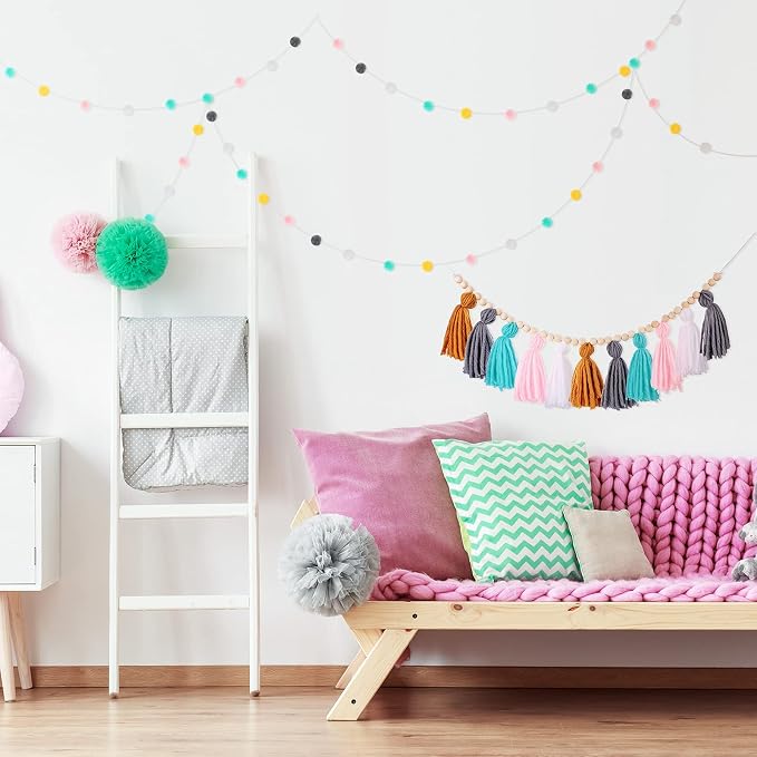 Syhood 3 Pcs 79" 2 Pom Pom Garland Wall Decor and 36" 1 Boho Tassel Garland - Image 3