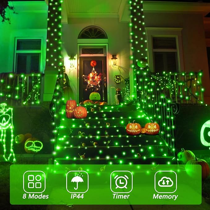 YEGUO 165ft 500 LED Halloween Lights Outdoor Waterproof, Green String Lights Indoor Plug in, 8 Modes Clear Wire for Halloween Holiday Home Tree Garden Patio Decor