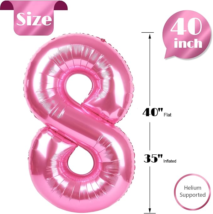 Pink Number 8 Balloon 40 Inch, 8th Birthday Party Decorations Men Women | Foil - Image 6