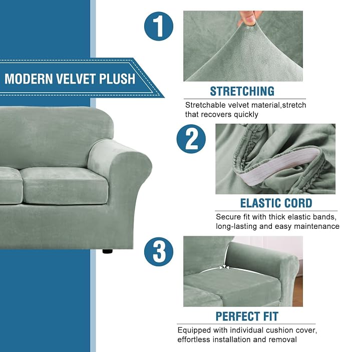 H.VERSAILTEX High Stretch Sofa Slipcover 4 Piece Cover Velvet Furniture - Image 3