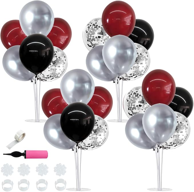 TONIFUL 4 Set Burgundy Red Black Silver Balloon Stand Centerpiece by TONIFUL