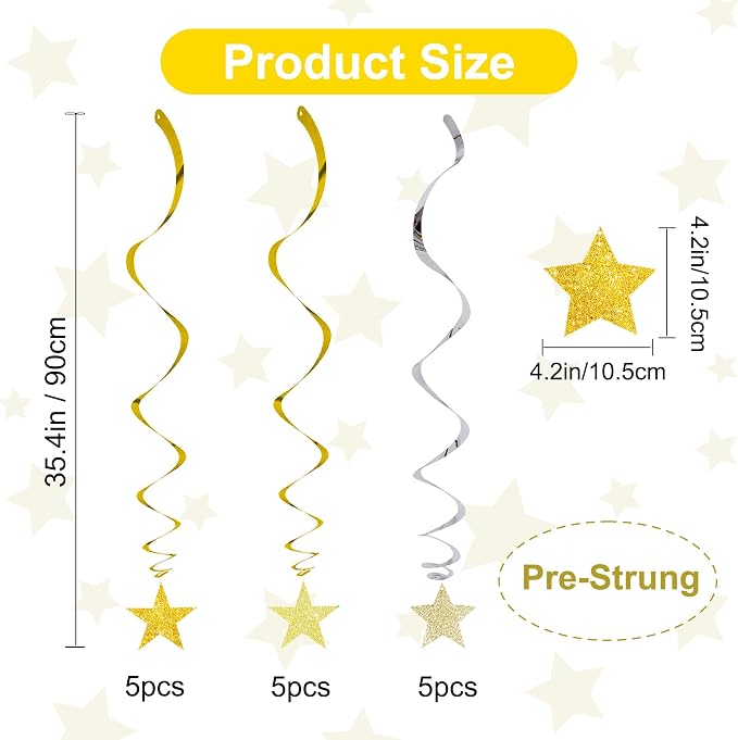 BEISHIDA Gold Glitter Stars Hanging Swirls Pre-Strung Hanging Ornament - Image 2