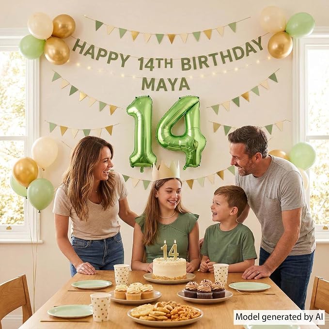 Shiny Metallic Light Green Foil Finish Number 14 Balloon, Botanical Themed - Image 3