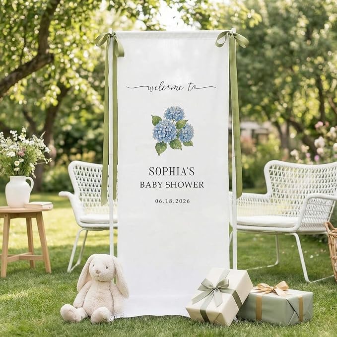 Custom Fabric Baby Shower Welcome Sign, Hydrangea Floral Banner, Personalized by Custom