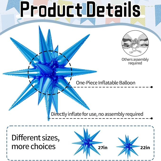 22/27 Inch Blue Star Balloons, Cone Spike Balloon, Aluminum Foil Balloon - Image 3