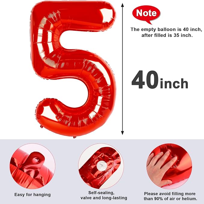 5 Balloon Numbers Party Decorations, 40In Red Balloons - Image 5