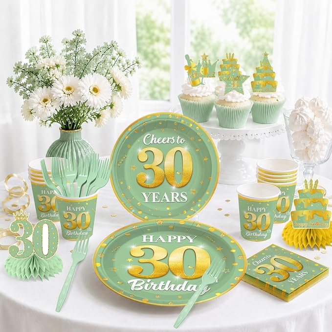 216pcs Yingoto Green Gold 30 Birthday Decorations Tableware Set, 25 Serves | No - Image 8