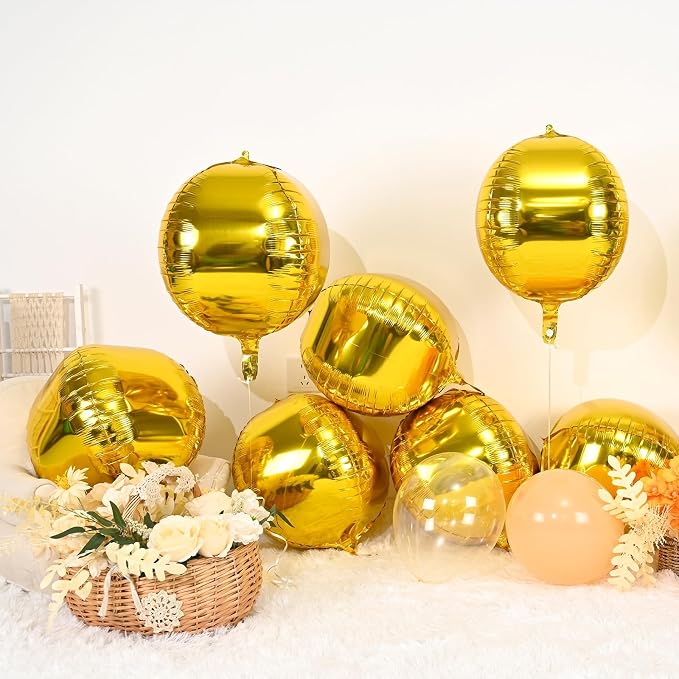 Gold Round Foil Balloons 9 pcs, Metallic Gold Giant 4D Round Balloons 22 Inch - Image 3