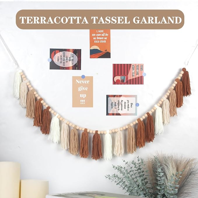 Brown Boho Yarn Wood Bead Tassel Garland Decor Terracotta Rainbow Western - Image 4