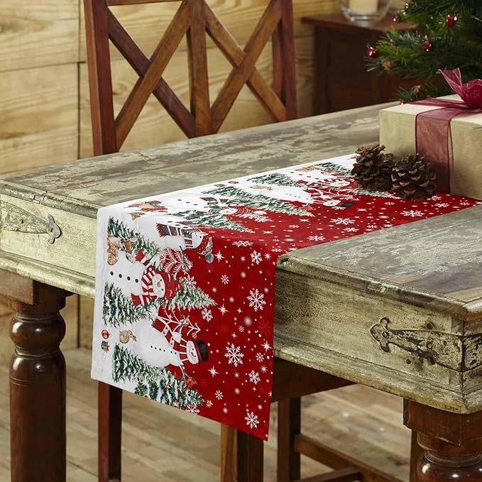 Christmas Snowman Cotton Linen Table Runner for Dining Kitchen, Xmas Tree White Snowflakes Winter Wedding Outdoor Party Tablerunners Decoration, Dresser Scarf Coffee Tablecloth Runners 13x72 Inches