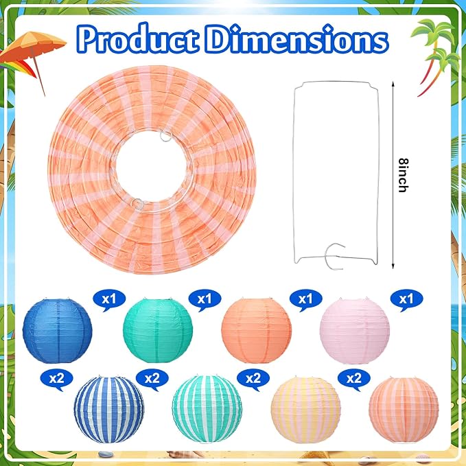 Gerrii 12 Pcs Summer Paper Lanterns Decor 8" Colorful Striped Paper Lanterns - Image 2