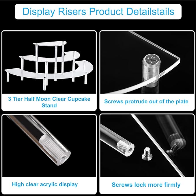 2PACKS Acrylic Display Risers, 3 Tier Clear Cupcake Stand Risers, Perfume Stand Organizer, Half Moon Dessert Stand, HENABLE Shelf Risers for Display Stands for Food, Amiibo Funko POP Figure (2half moon)