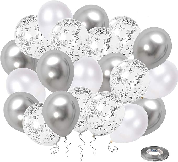 White Silver Confetti Latex Balloons, 50 Pack 12inch Silver Metallic Party by Hiquaty