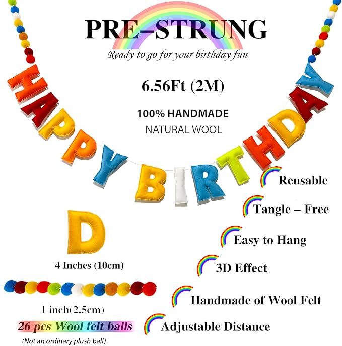 Pre-Strung Reusable 3D Happy Birthday Banner Sign, Rainbow Felt Ball Garland | - Image 2
