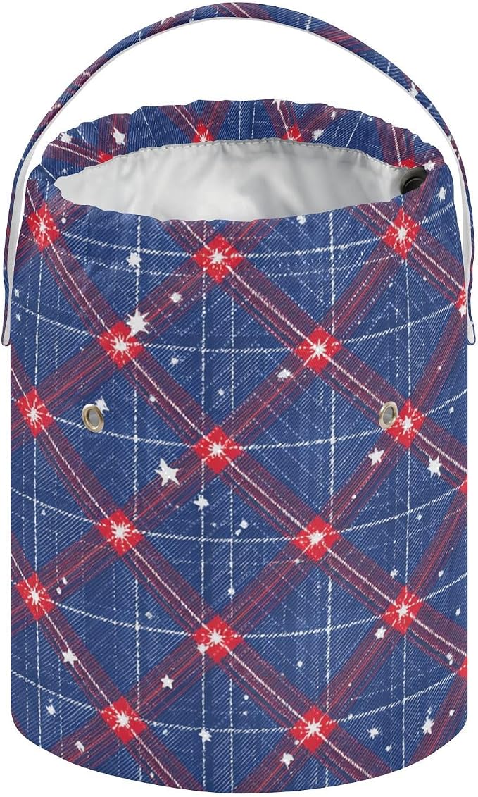 Blue Retro Plaid Stars Yarn Bag Small Crochet Bag Drawstring Yarn Storage - Image 2