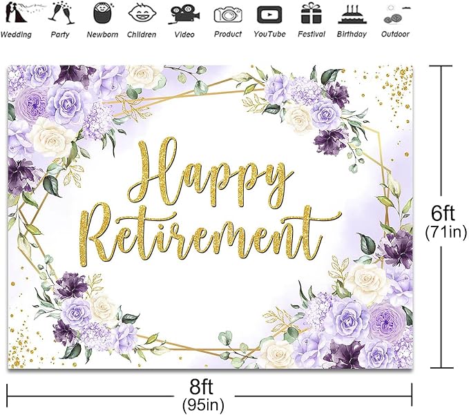 Happy Retirement Backdrop Purple and White Flowers Retirement Party Decorations - Image 3