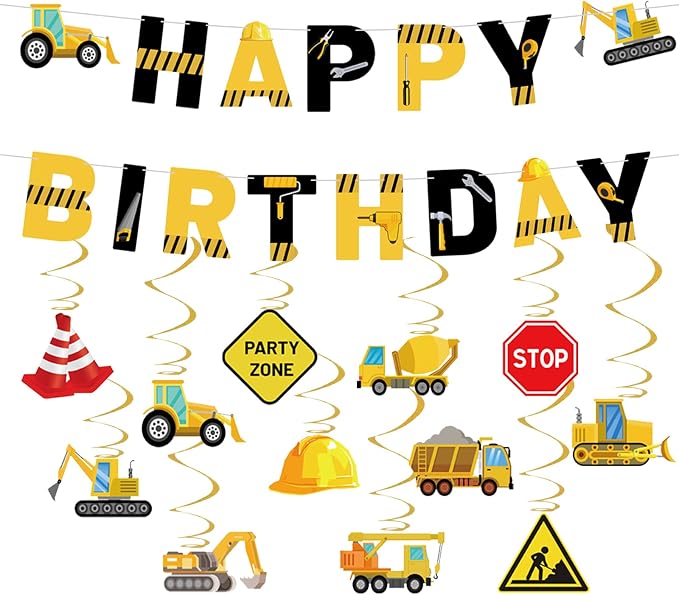 Construction Birthday Decorations, Construction Birthday Banners Hanging Swirls by PEMOTYST