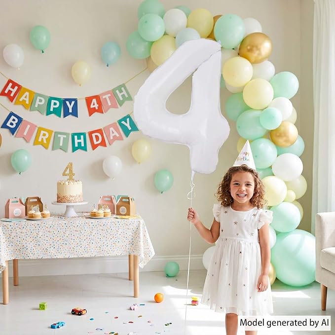 White Number 4 Balloon 40 Inch, Large Foil Mylar 4th Birthday Decorations - Image 3