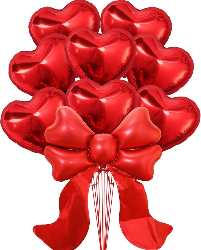 KatchOn Red Heart & Bow Foil Balloons Set, Heart Shaped Balloons Red Bow by KatchOn