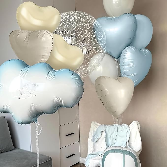 Blue White Heart Balloons, 18Inch Cream White Helium Balloon - Image 6